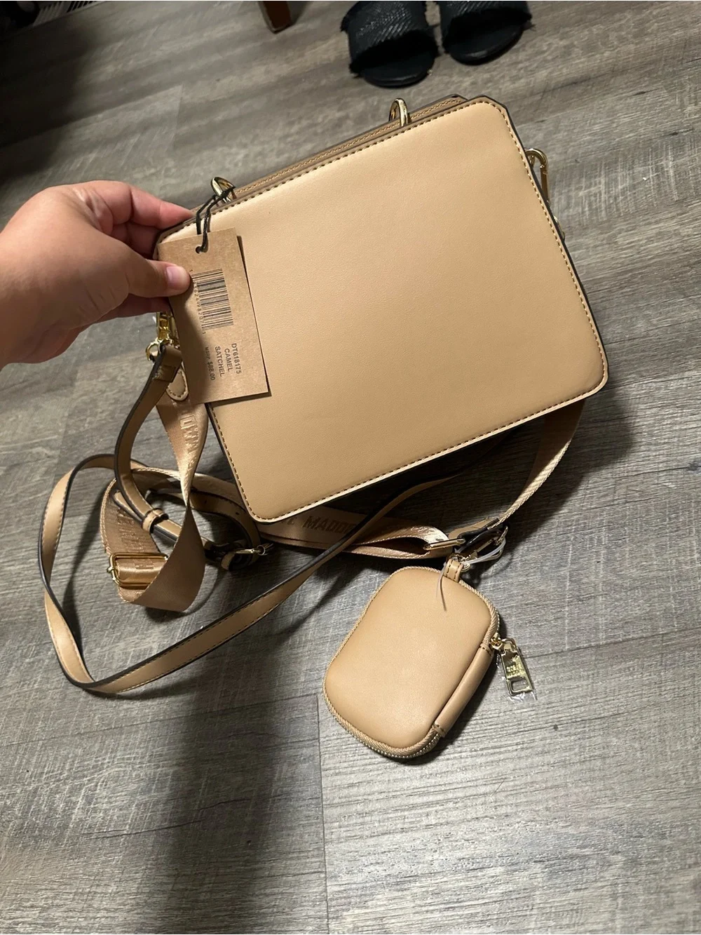 Steve Madden Beige/Tan Logo Box Crossbody Bag
